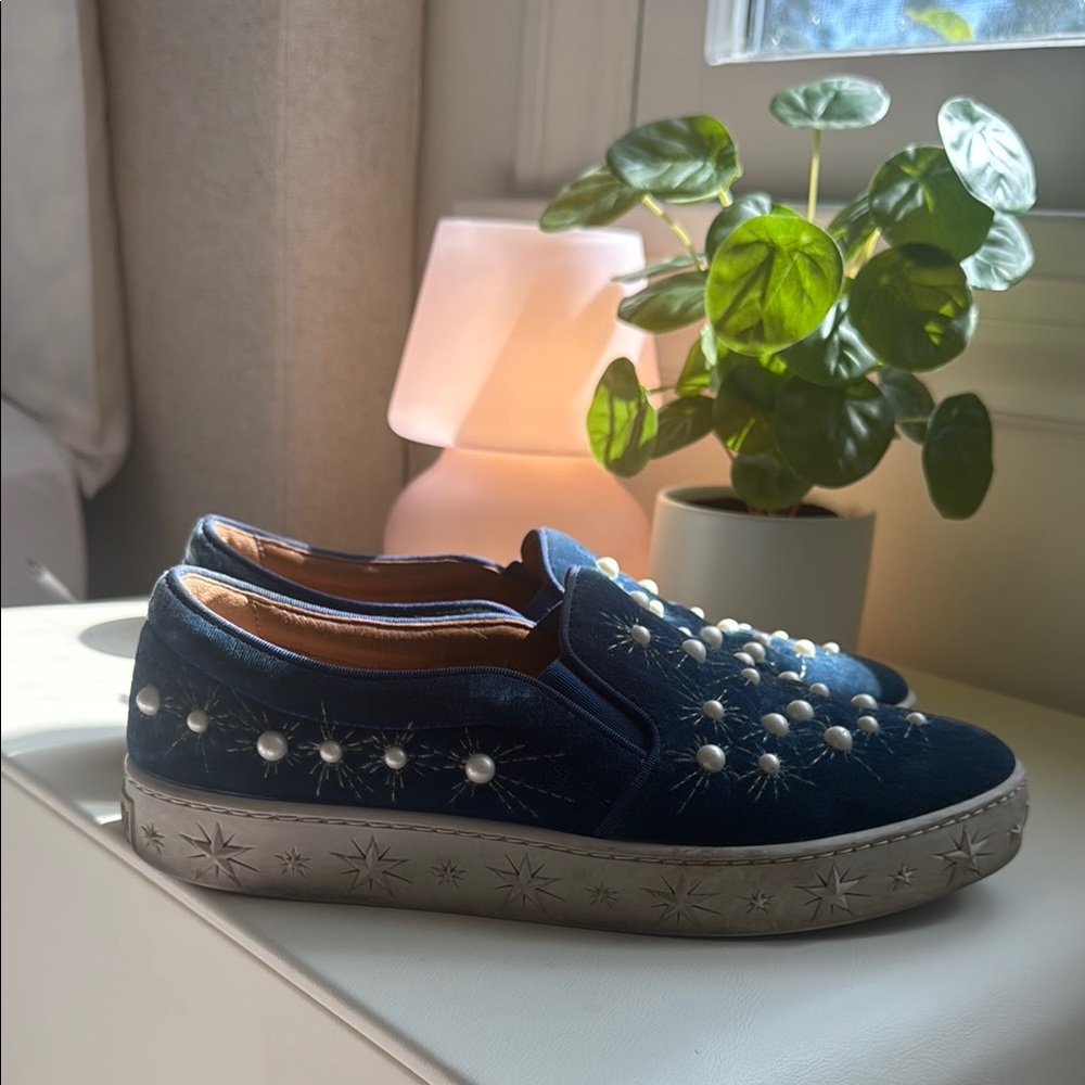 Blue Velvet Slip-On Sneakers with Pearl Embellishments